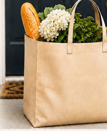 A cream tote bag filled with groceries and flowers at a front door
